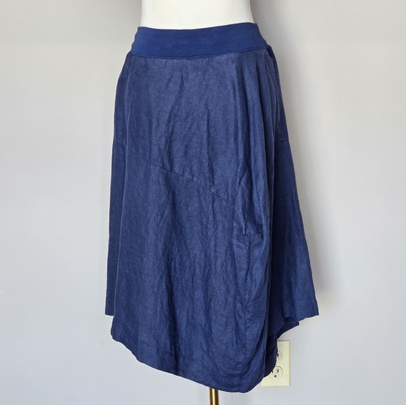 European Culture Linen Lagenlook Pull-on Navy Midi Asymmetrical Boho Skirt Small - Picture 5 of 11